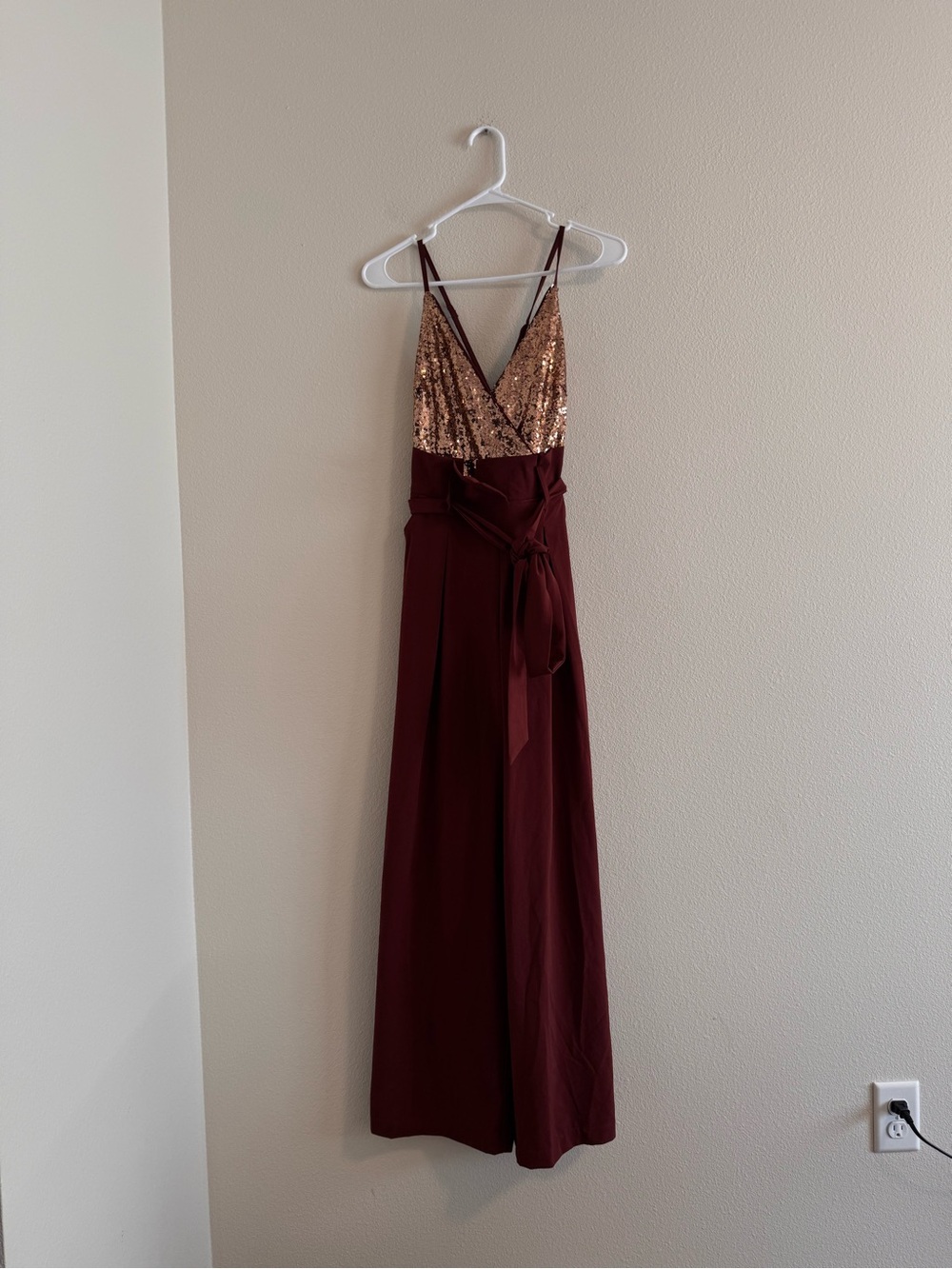 the clothing company Burgundy Jumpsuit with Rose Gold Sequin Bodice